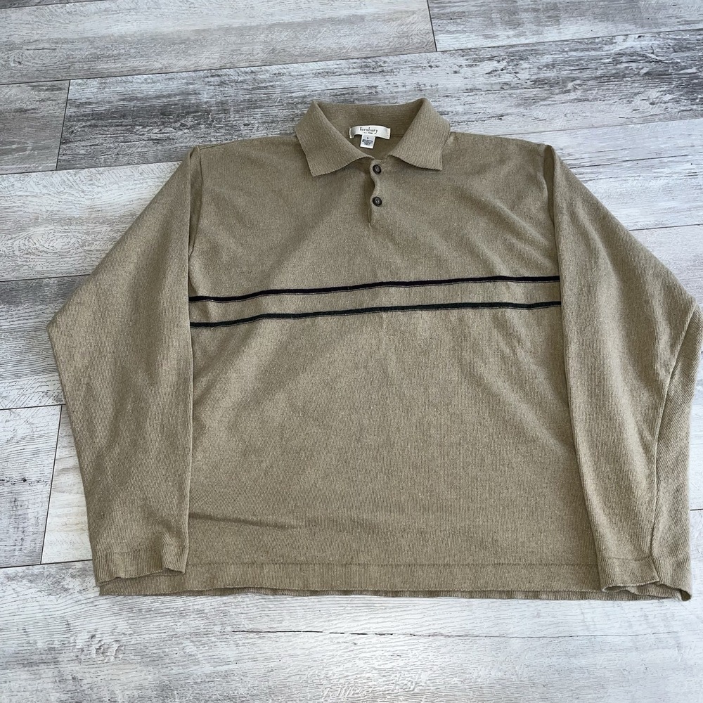 Turnbury Large Tan Striped Polo Long Sleeve Cotton‎ Acrylic Men's Shirt